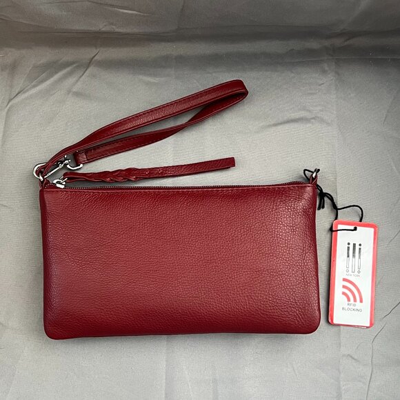 Merlot/Red Leather Convertible Baguette Wristlet, ili new york, NWT - Picture 2 of 7
